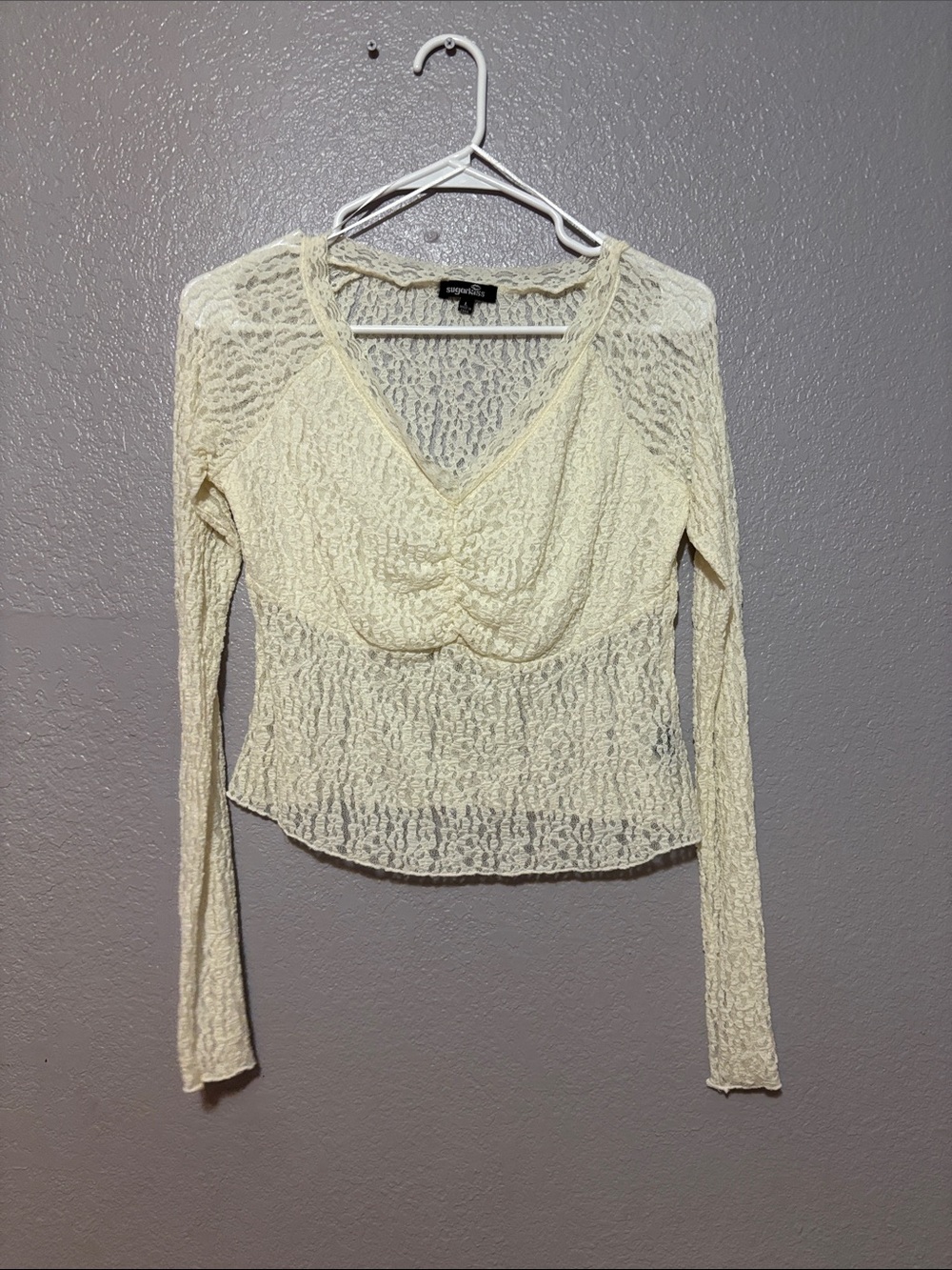Sugar Kiss Cream Lace V-Neck Ruched Long Sleeve Top